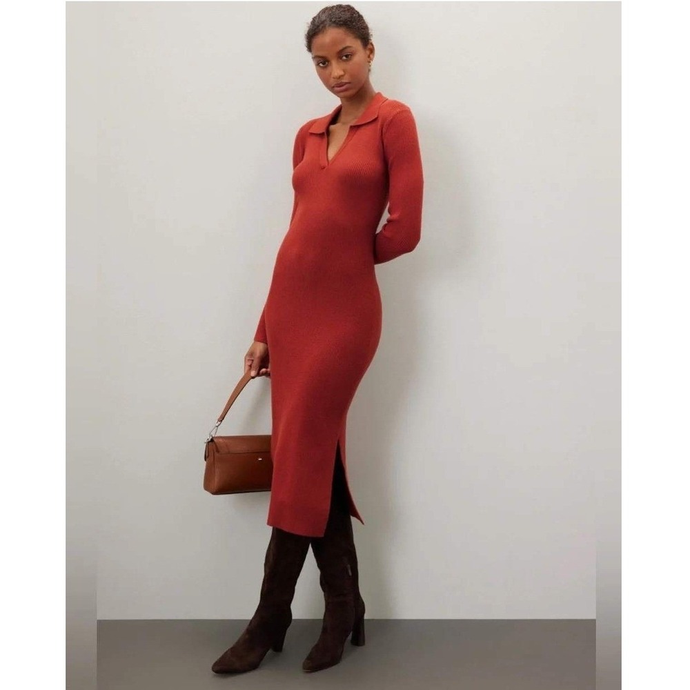 Marine Layer Lexi Polo Dress S Burnt Henna Orange Bamboo Ribbed Knit Fall Midi